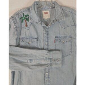 Levi's Denim Chambray Shirt Men's M Western Pearl Snap Palm Tree Embroidery LS